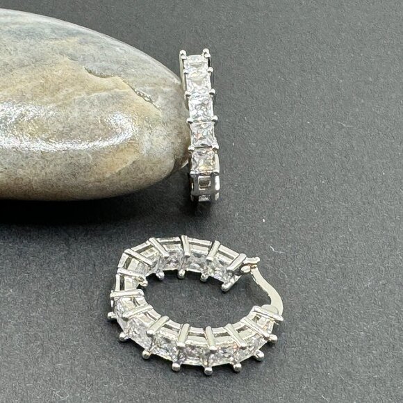 Huggie Small Hoop Earrings w/ Clear Princess Cut Stones and Tons of Bling #1424 - Picture 5 of 5